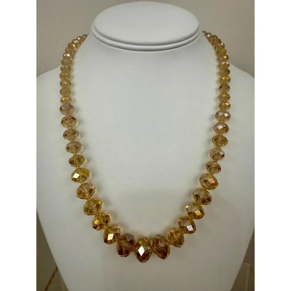 Amber Faceted Crystal Necklace Silver Tone Graduated Bead Adjustable Strand